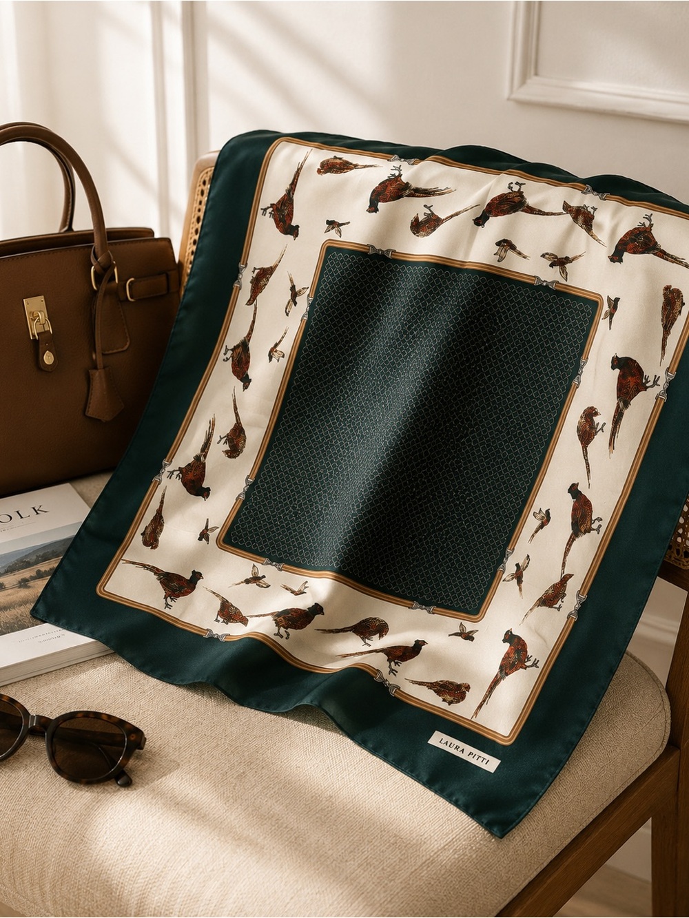 Vintage Laura Pitti Fine Wool Pheasant Print Scarf in Teal & Cream